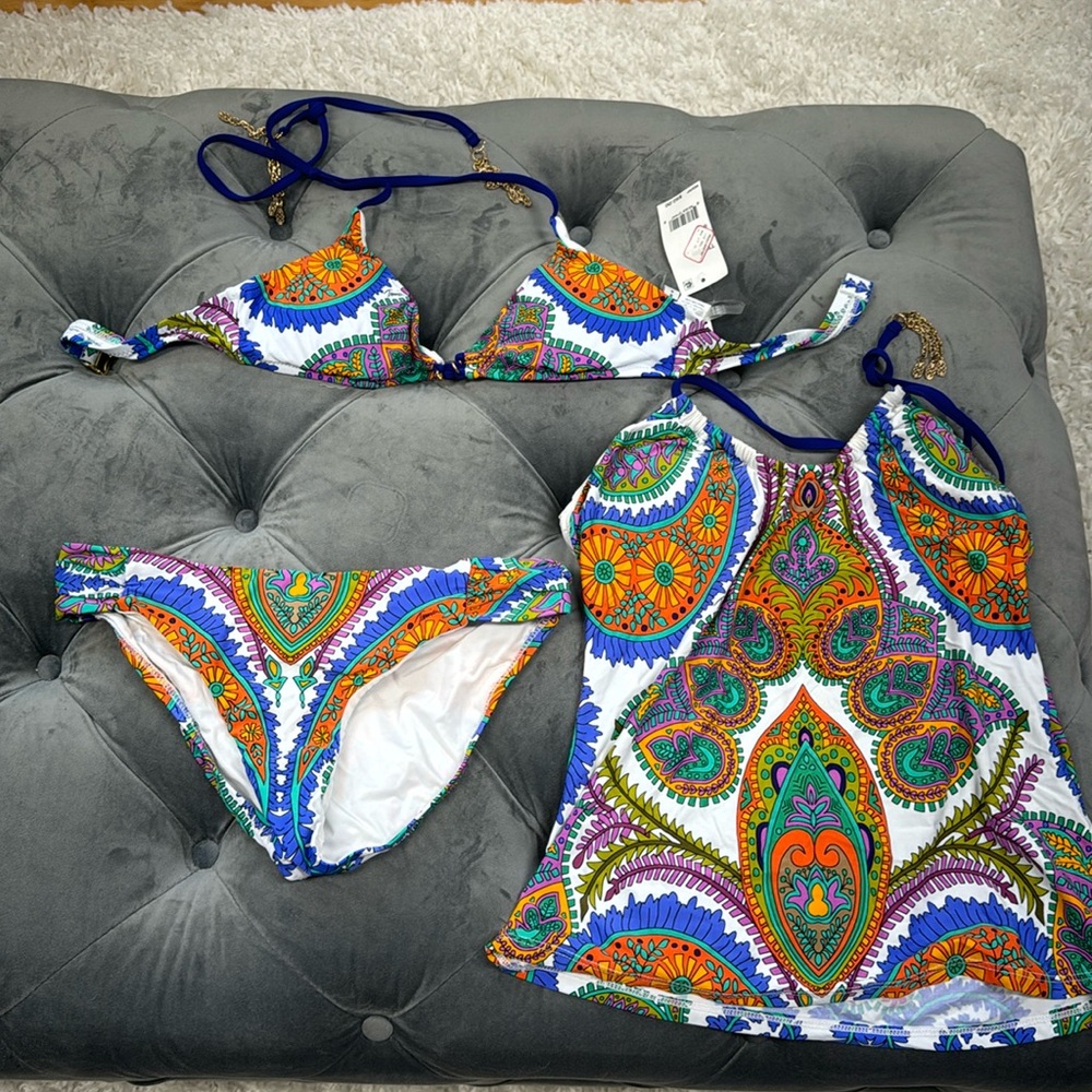 Trina Turk 3 piece swim. NWT bikini top, EUC halter tank and swim bottom.